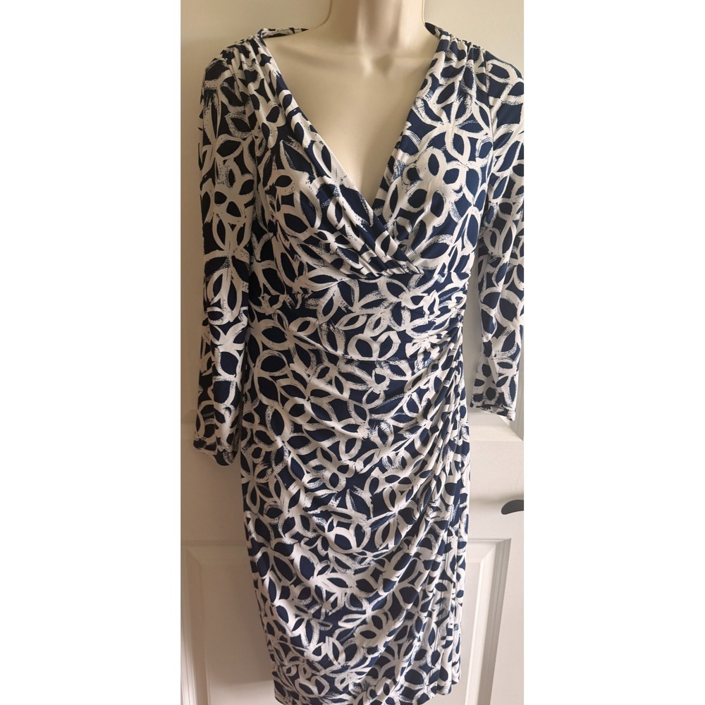 Lauren Ralph Lauren Navy Blue White Abstract Print Faux Wrap Sheath Dress Size 4
